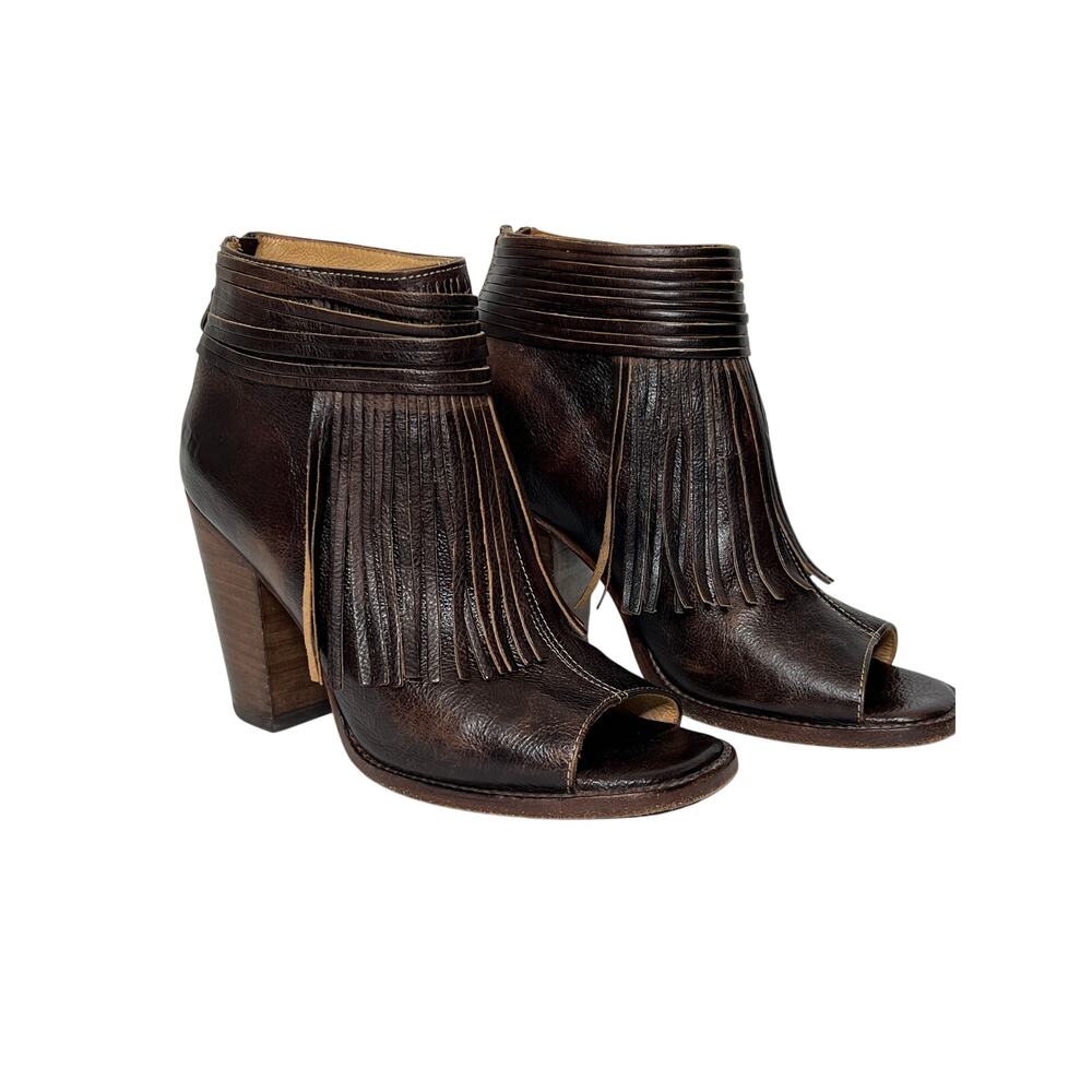 Bed Stu Onset Olivia Fringe Peep Toe Bootie Brown Leather Shoe Size 9.5